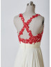 Beaded Red Lace Champagne Chiffon Criss Cross Back Prom Dress